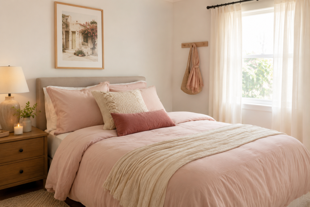 Small cozy bedroom with soft natural light and pink bedding