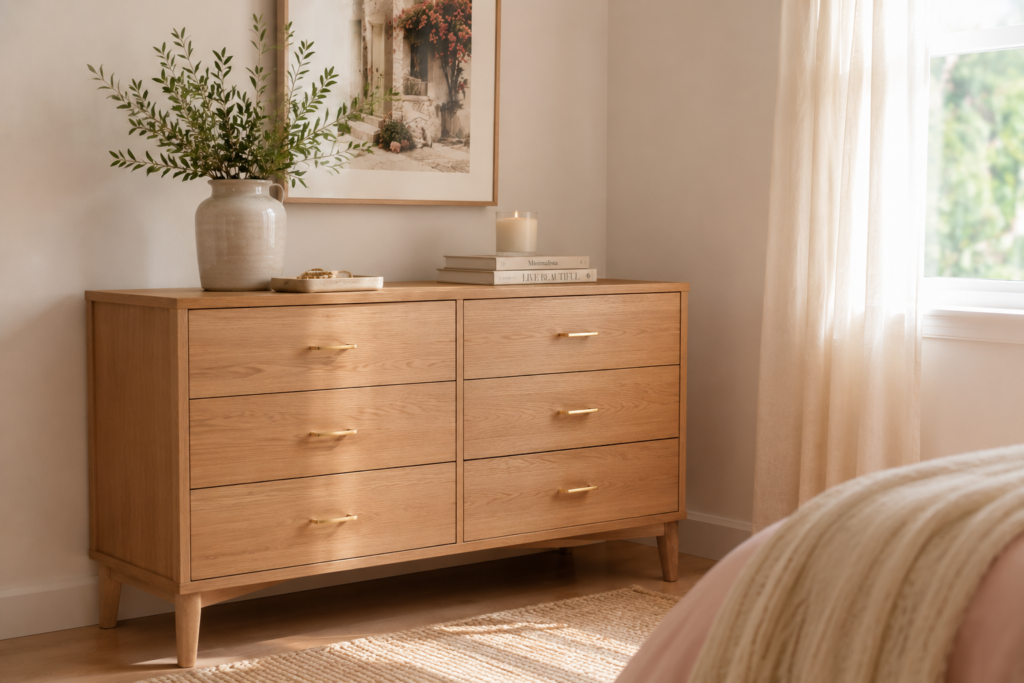 Small wooden dresser with slim legs in minimal bedroom