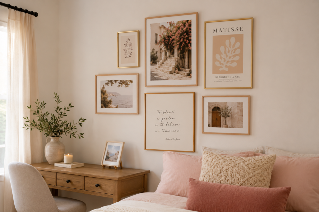Small gallery wall with framed photos above bedroom desk