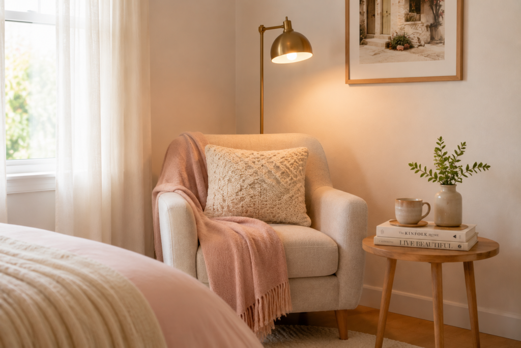 Cozy reading nook in small bedroom with armchair and lamp