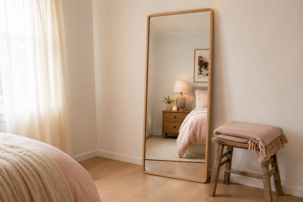 Small bedroom corner with large leaning mirror and natural light