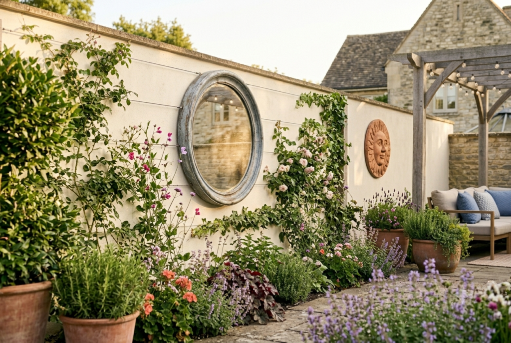 Garden fence decorated with climbing plants weathered outdoor mirror and terracotta wall accents in warm afternoon sunlight