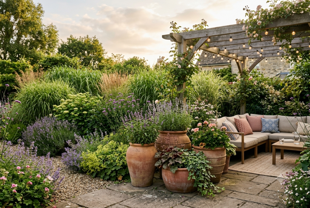 Beautiful decorated garden outdoor space with layered planting styled seating area terracotta pots and warm afternoon light