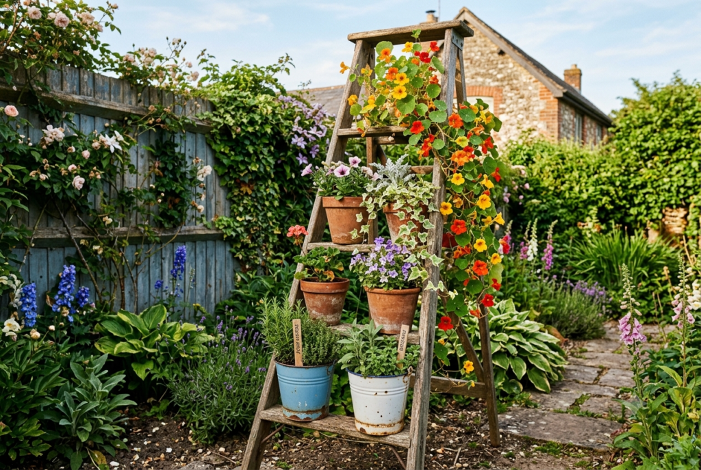Beautiful upcycled garden display with weathered ladder against fence terracotta pots and trailing plants at each level in warm afternoon light
