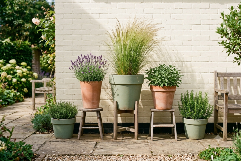 Beautiful monochrome pot display with matte terracotta and sage pots at varied heights each planted with single species against light wall