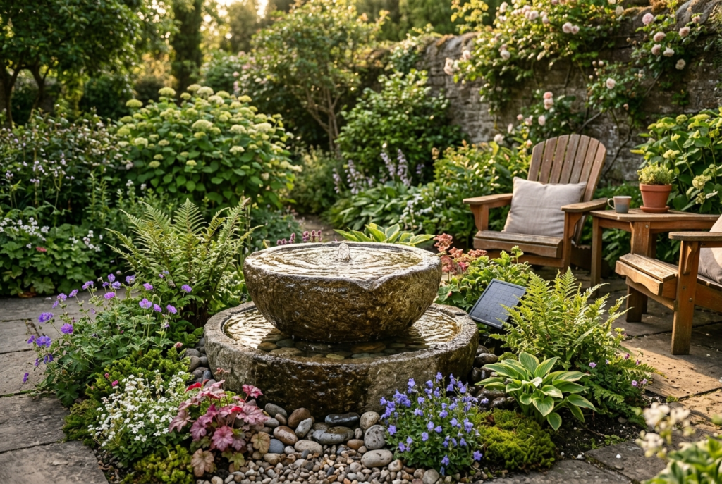 Beautiful solar powered stone bowl water feature surrounded by low planting beside cozy outdoor seating area in warm afternoon light