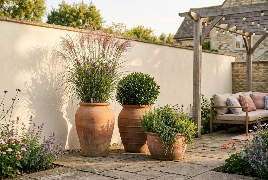 Beautiful styled garden patio with large statement terracotta pots at different heights each planted with single specimen plants against light wall