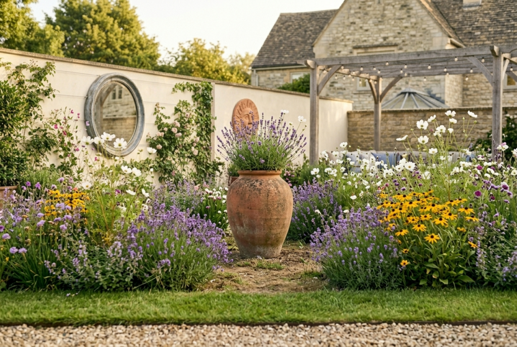 Beautiful rewilded garden border with naturalistic wildflower planting and terracotta pot focal point in soft afternoon light