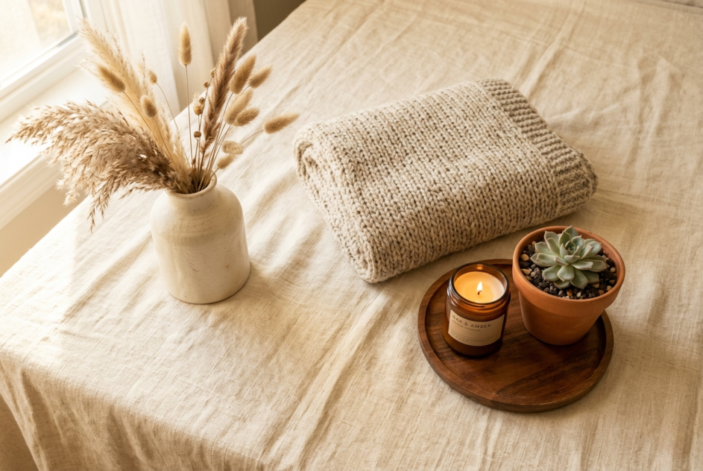 Flat lay of beautiful home decor items including ceramic vase chunky knit throw wooden tray candle and small plant on warm cream surface
