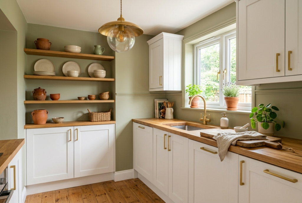 Kitchen with warm sage green wall paint white cabinets brass hardware and natural wood accents in soft natural daylight
