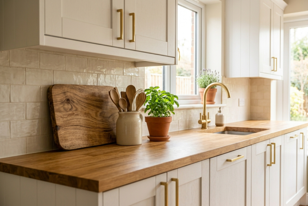 Clean styled kitchen counter with wooden chopping board ceramic utensil holder small potted herb and clear counter space in natural light