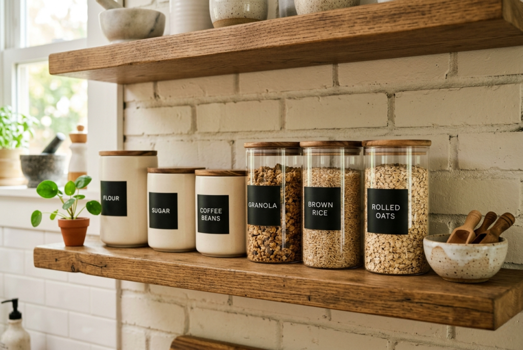 Kitchen open shelving with matching glass and ceramic canisters containing pantry staples neatly labeled in warm natural daylight