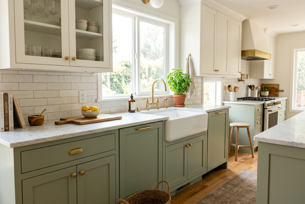 Kitchen with freshly painted sage green lower cabinets white upper cabinets brass hardware and white countertops in bright natural daylight