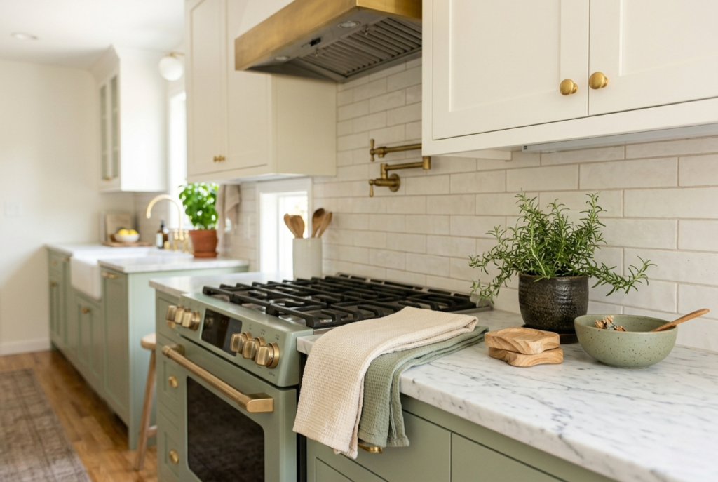 Kitchen with warm cream linen tea towels hanging from oven handle and styled counter beside it with plant and wooden accessories