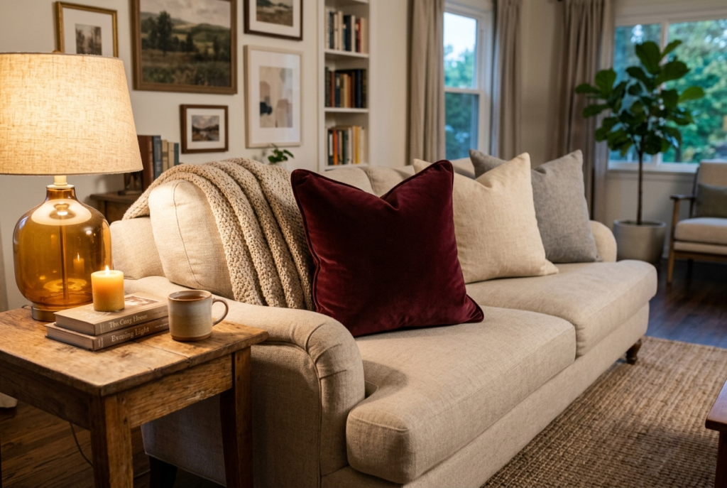 Deep burgundy velvet accent pillow on neutral linen sofa with chunky knit throw and cream pillows beside glowing amber table lamp