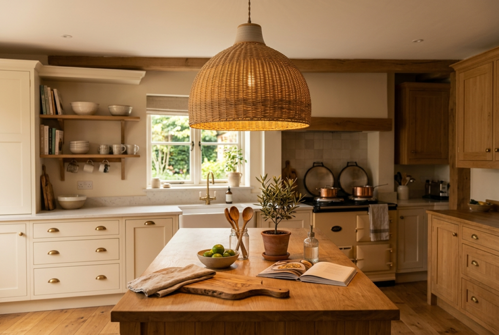 Kitchen with warm rattan pendant light fixture glowing above counter with styled wooden accessories and plant underneath