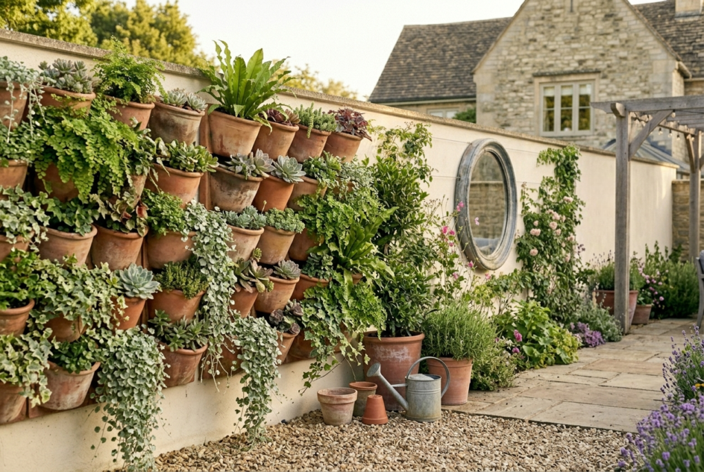 Beautiful vertical garden wall with lush mixed planting of trailing plants and ferns creating a green tapestry on exterior wall