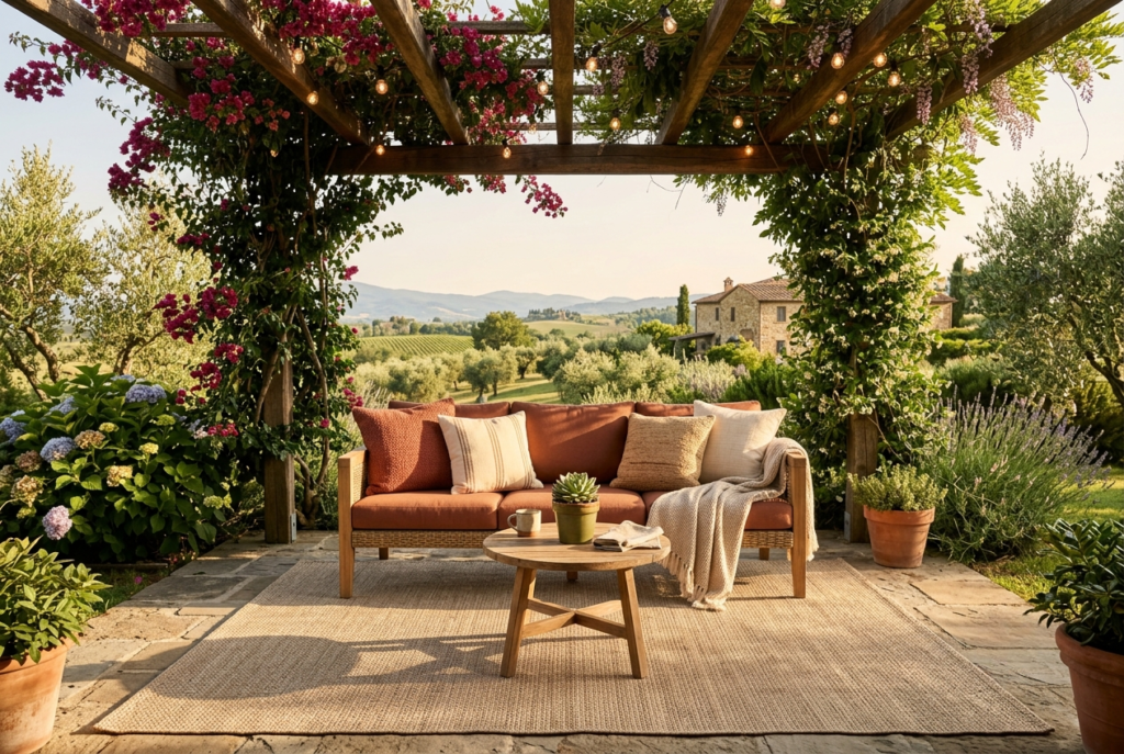 Beautiful outdoor patio seating area with large natural outdoor rug defining space outdoor sofa with cushions and warm afternoon light