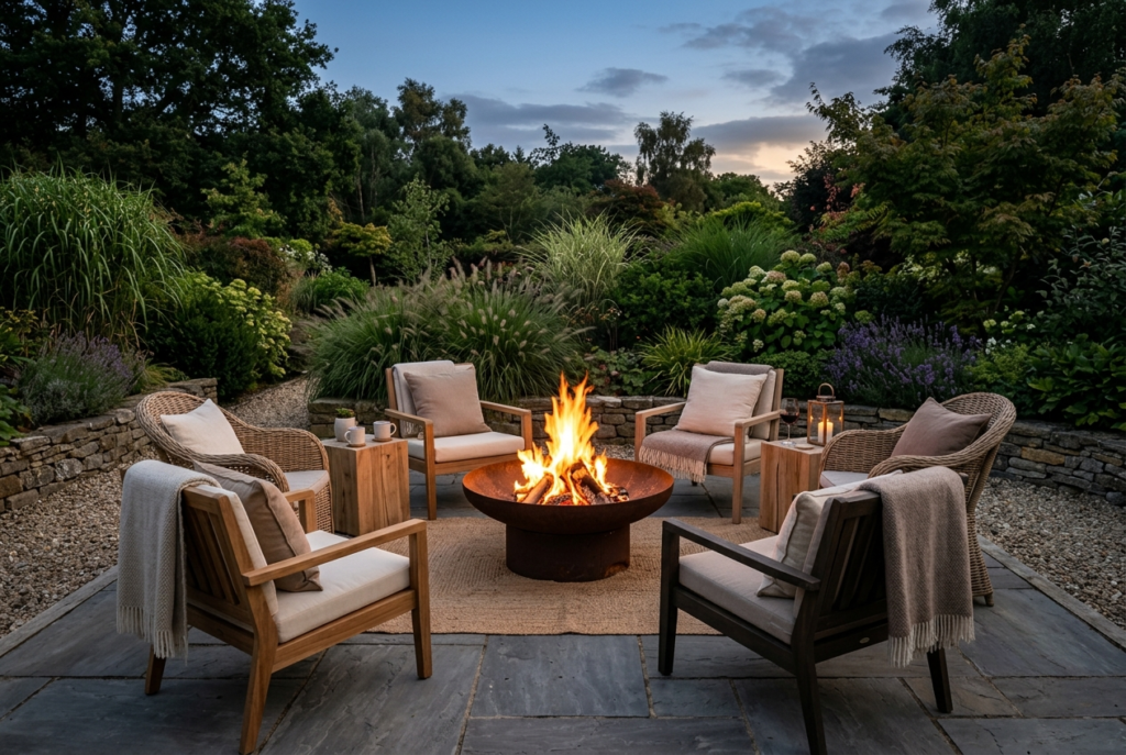 Beautiful modern garden fire pit in dark corten steel centered in cozy outdoor seating area with warm amber firelight in evening atmosphere