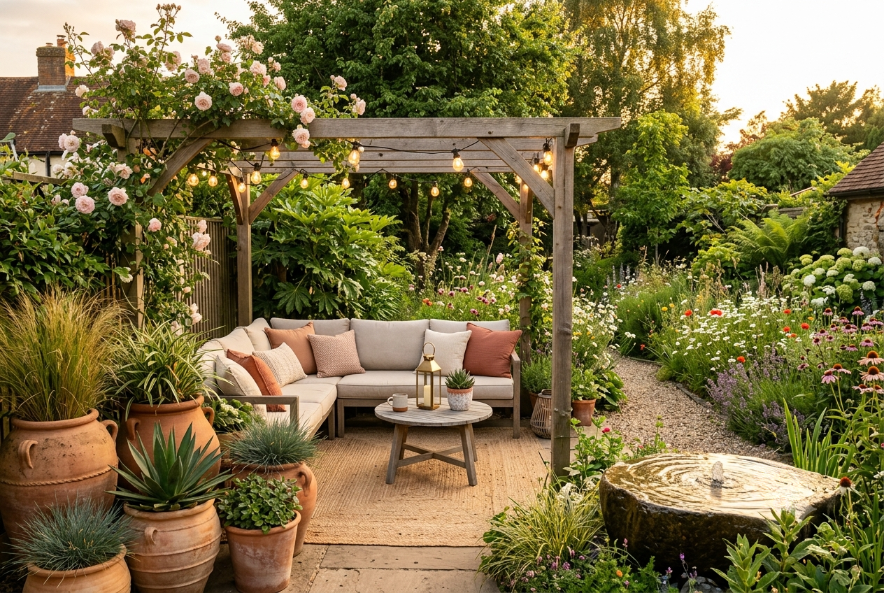 Beautiful aspirational 2026 garden outdoor space with terracotta pots pergola seating area string lights water feature and rewilded planting in warm golden afternoon light