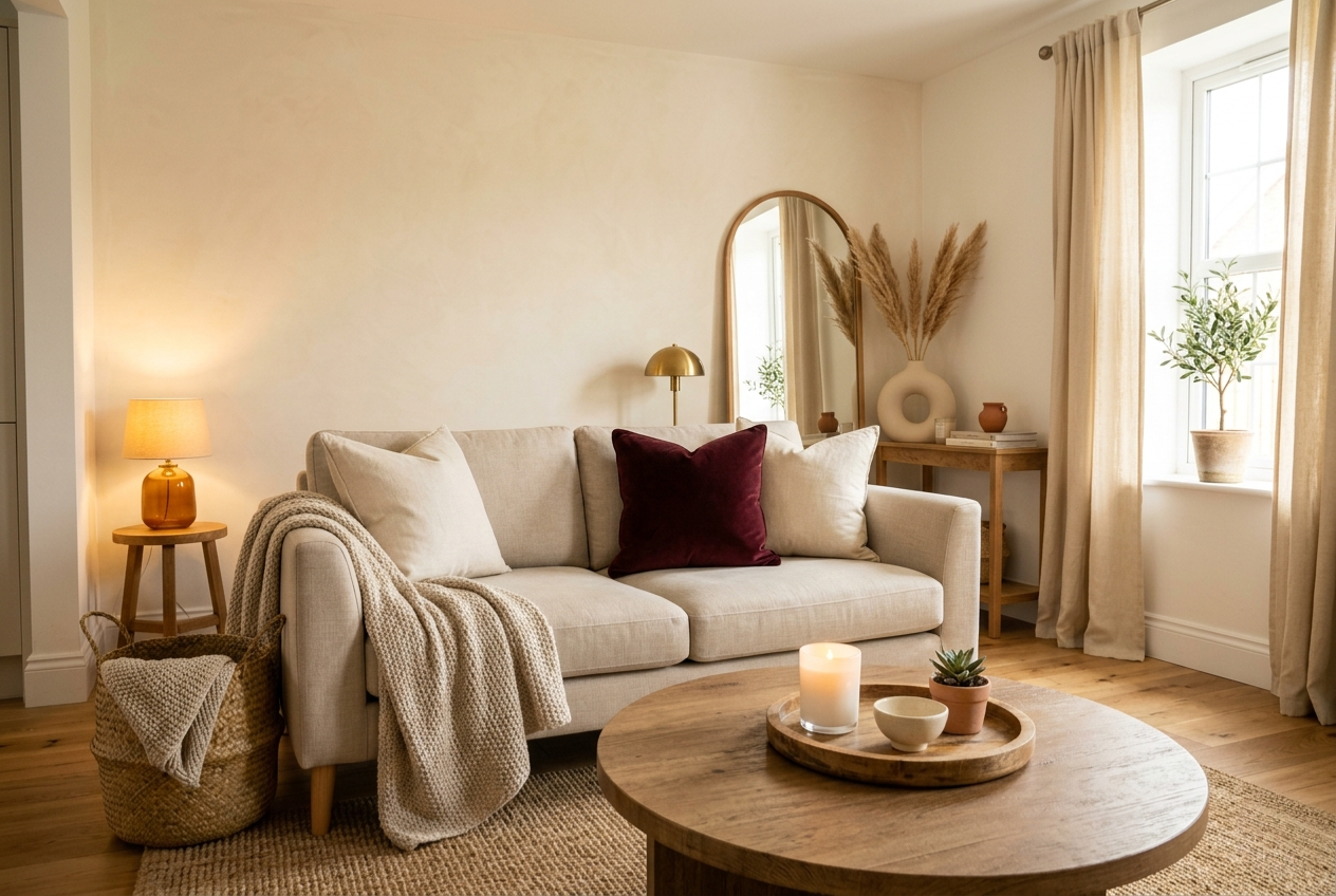 Beautiful styled living room showcasing budget Amazon home decor finds including ceramic vase velvet pillow chunky knit throw wooden tray and woven basket in warm natural afternoon light