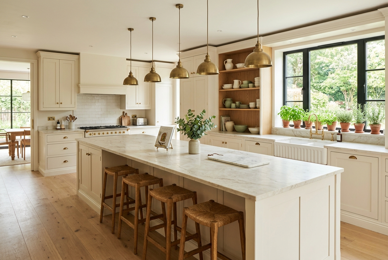 Extremely beautiful kitchen design with cream shaker cabinets marble island brass pendant lights open shelving and fresh herbs in warm natural daylight
