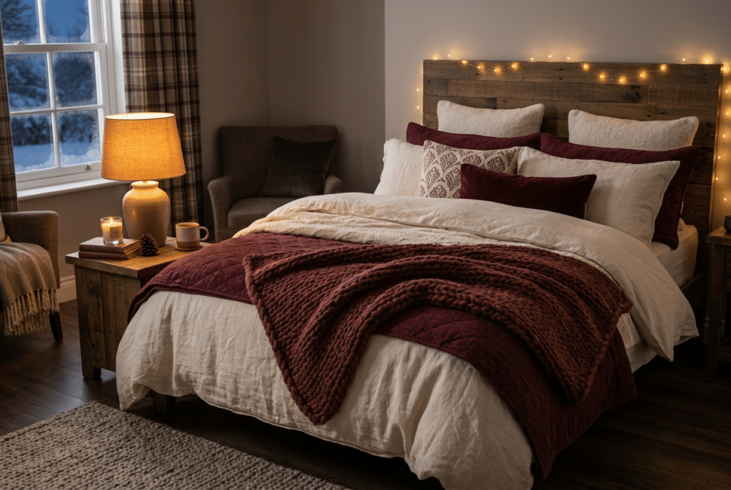 Cozy winter bedroom with layered cream and burgundy bedding and warm amber lighting