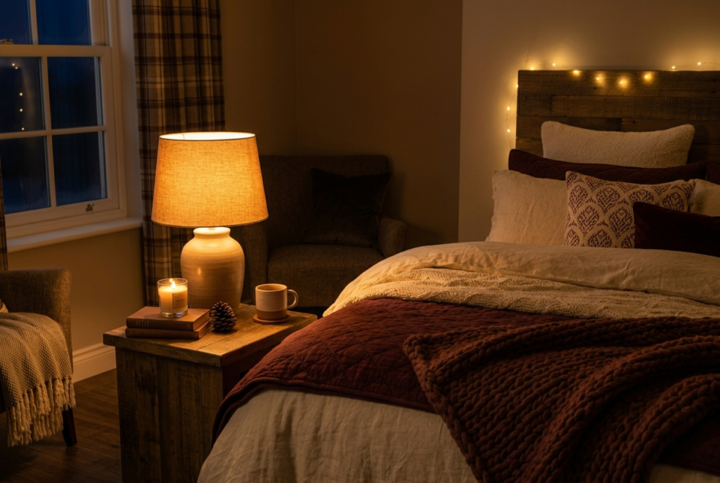 Cozy bedroom corner at night with warm glowing amber lamp on wooden nightstand