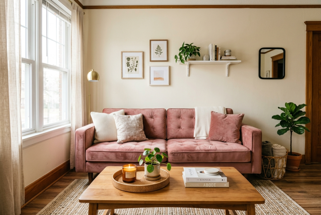 Beautiful budget living room with stylish velvet tufted sofa styled coffee table and natural light highlighting expensive looking design details