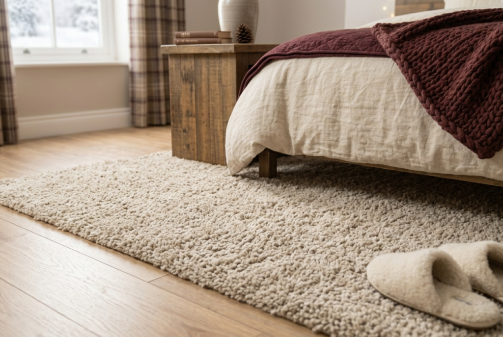 Soft cream high pile area rug beside bed with warm wood flooring in cozy bedroom