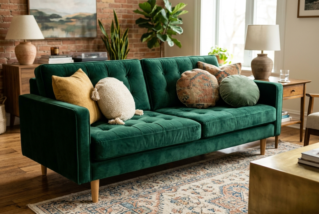 Dusty rose tufted velvet sofa with button tufting structured pillows and tapered wood legs in styled living room with natural light