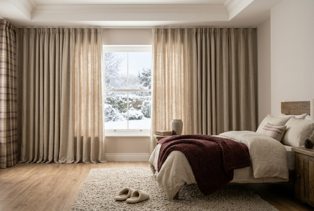 Cozy bedroom with floor length ivory linen curtains and soft winter daylight filtering through