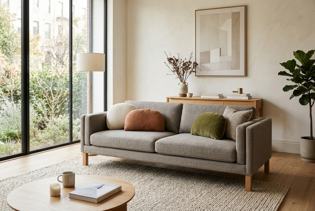 Warm gray boxy track arm sofa with rounded throw pillows in minimalist contemporary living room with bright natural daylight