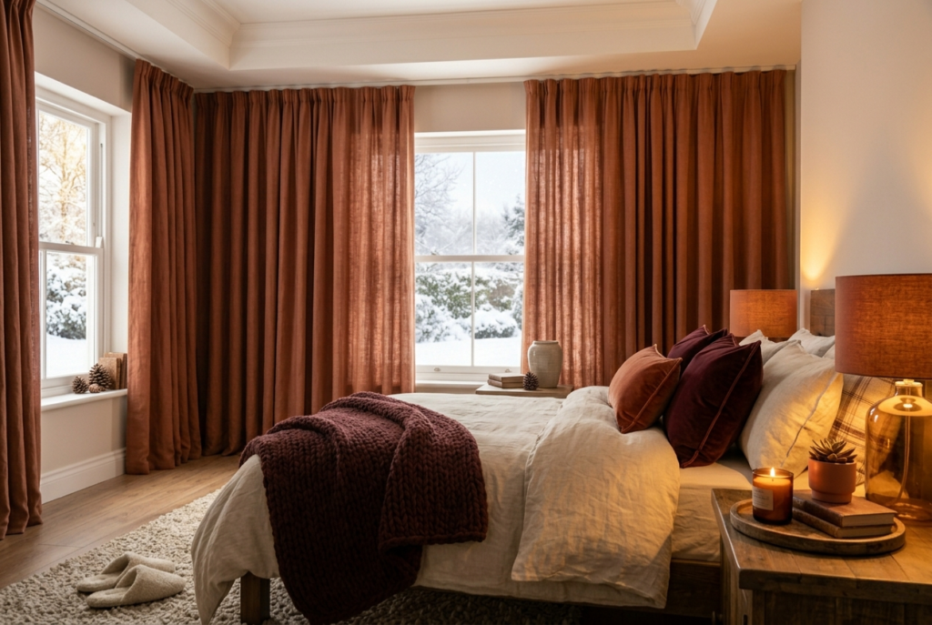 Winter bedroom with earthy toned decor burgundy throw pillows and warm amber lighting