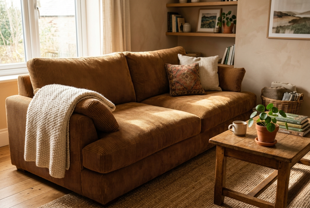 Warm caramel corduroy sofa with visible ribbed texture oversized arms and chunky throw in cozy styled living room with natural light