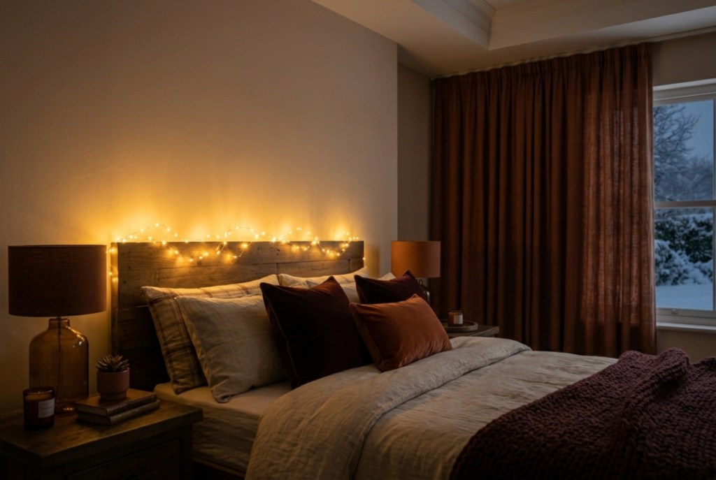 Bedroom headboard with warm white string lights draped softly creating cozy amber glow