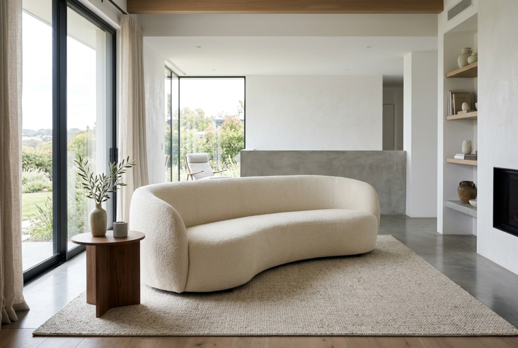 Curved cream bouclé sofa as statement piece in open contemporary living room with natural light catching the textured fabric