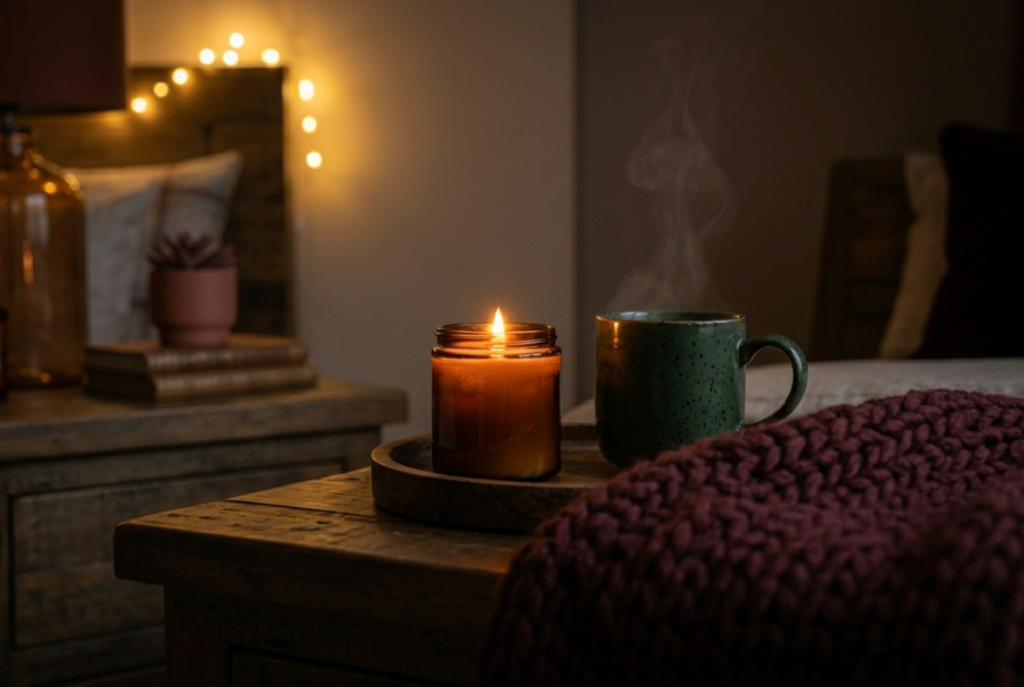 Cozy winter bedroom nightstand with glowing candle ceramic mug and chunky knit blanket
