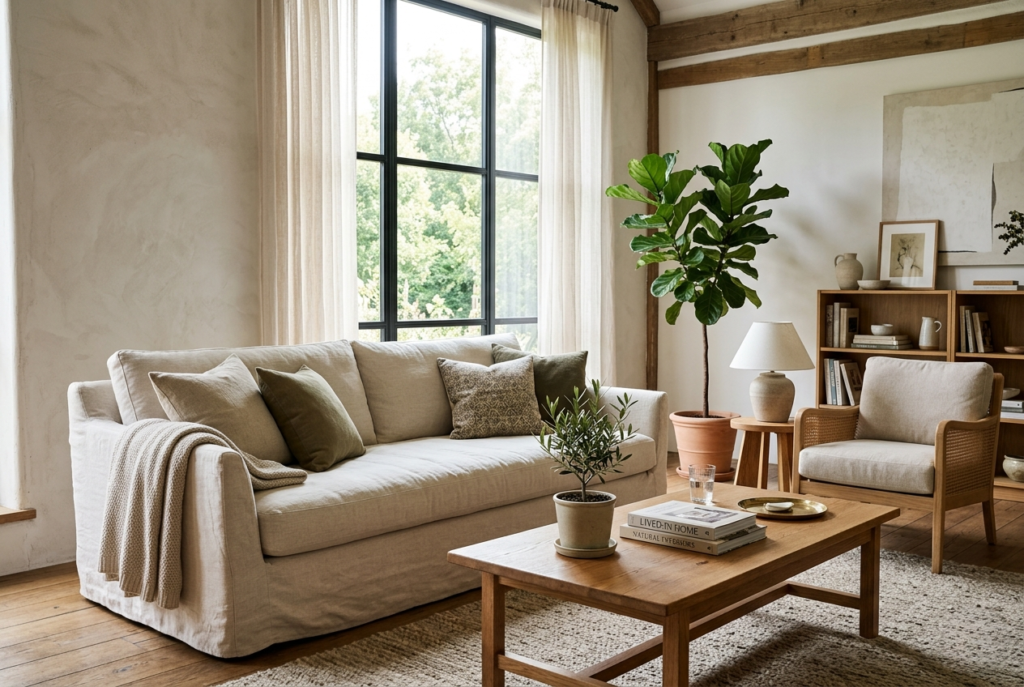 Natural linen slipcovered sofa in warm white with relaxed casual fit in bright airy living room with abundant natural daylight