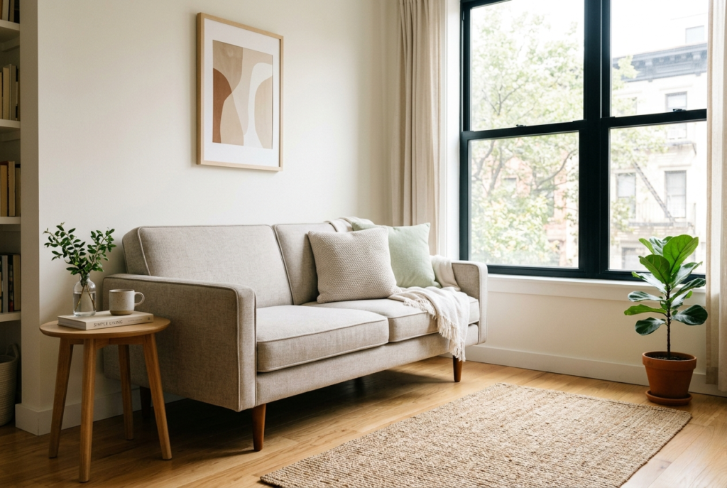 Compact light colored sofa with visible tapered legs in small bright apartment living room with natural light making space feel open
