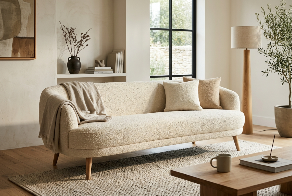 Warm cream bouclé sofa with tapered wood legs in design forward contemporary living room with natural light catching textured fabric