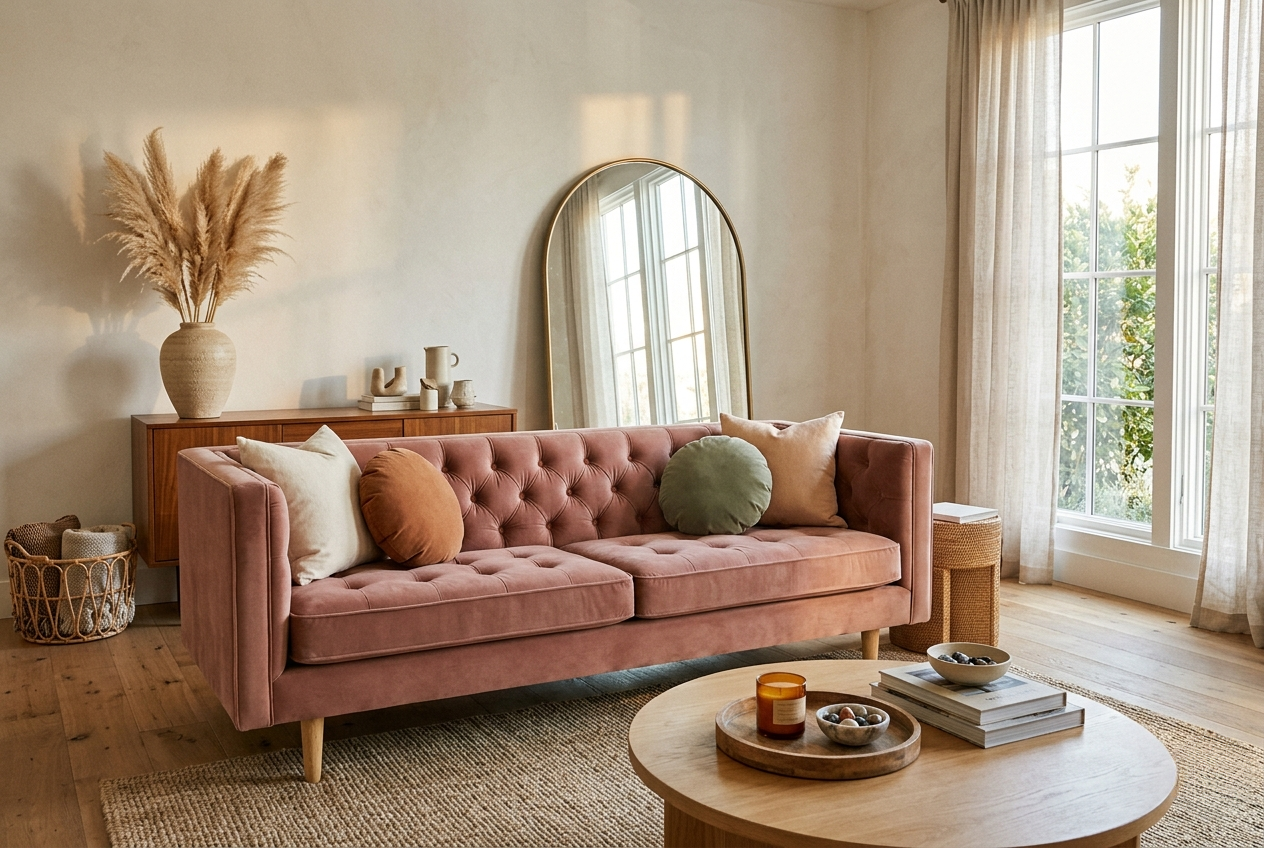 Beautiful budget living room with dusty rose tufted velvet sofa styled coffee table arch mirror and warm natural light looking elevated and expensive