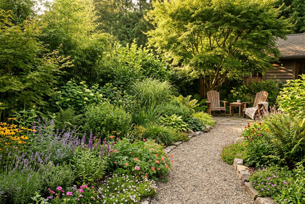 Beautiful backyard garden design with layered greenery curved pathway and cozy seating area in warm afternoon light