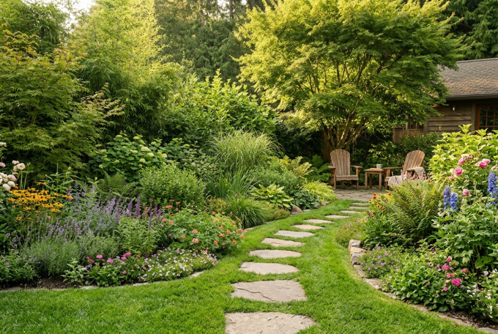Backyard garden curved stepping stone pathway winding through green lawn with flowering border plants on each side