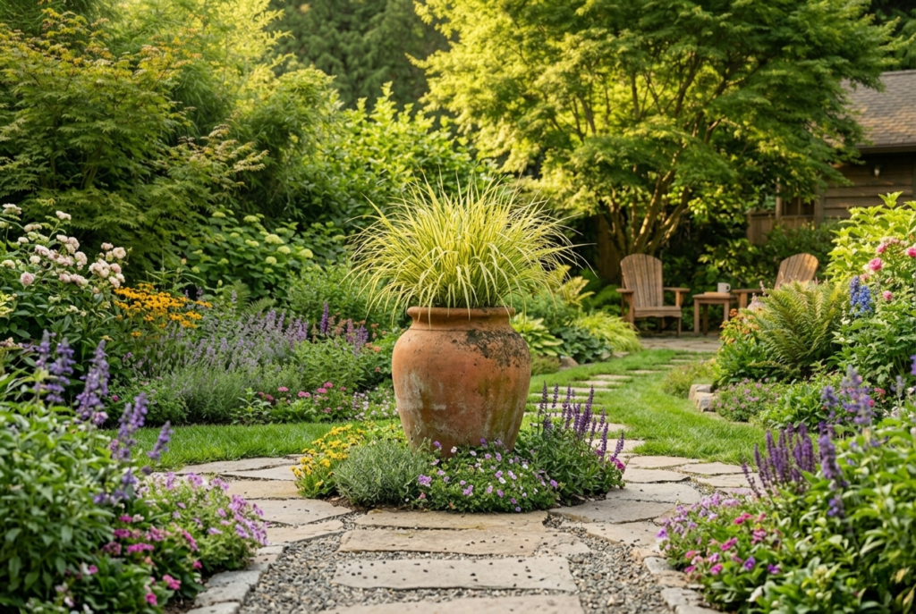 Backyard garden focal point with large terracotta pot planted with ornamental grass surrounded by low border planting