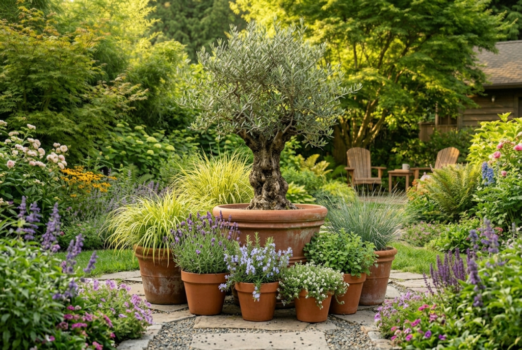 Backyard patio container garden with grouped terracotta pots of different heights including olive tree and ornamental grasses