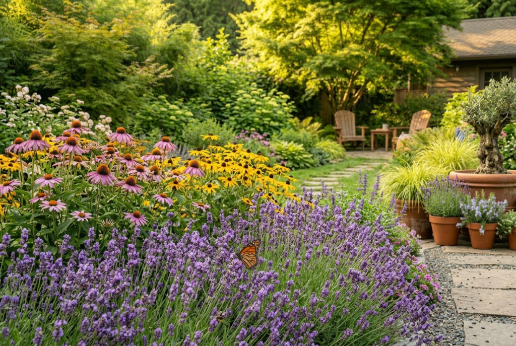 Backyard garden pollinator border with purple lavender echinacea and rudbeckia in warm natural light with butterfly visible
