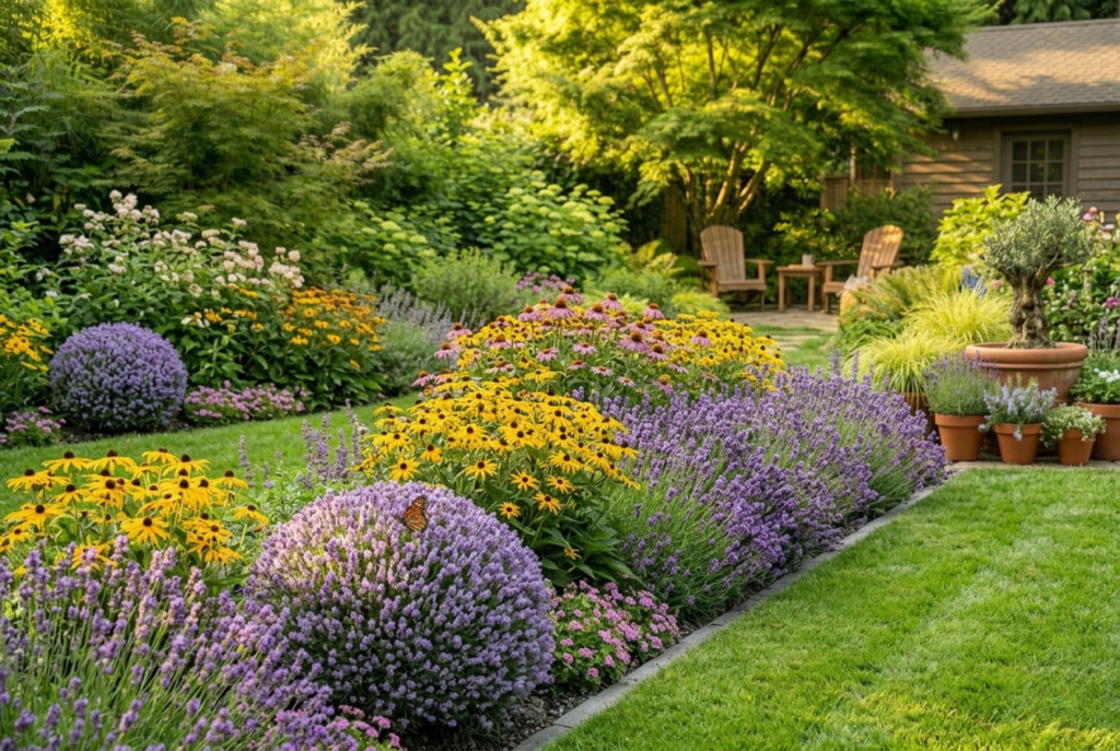 Backyard garden border with repeated ornamental grass at regular intervals creating visual rhythm along garden edge