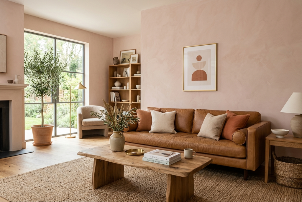 Beautiful designer approved living room color scheme with plaster pink walls caramel leather seating and natural light highlighting cohesive warm palette