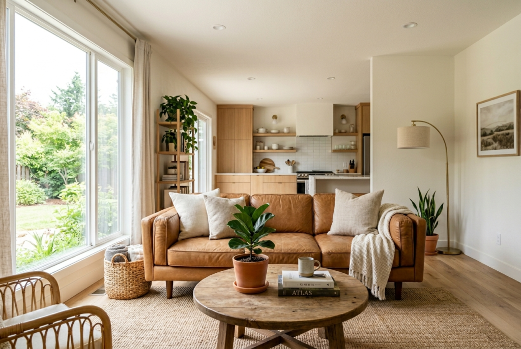 Living room with warm Alabaster white walls caramel leather sofa jute rug and brass accents in bright natural daylight